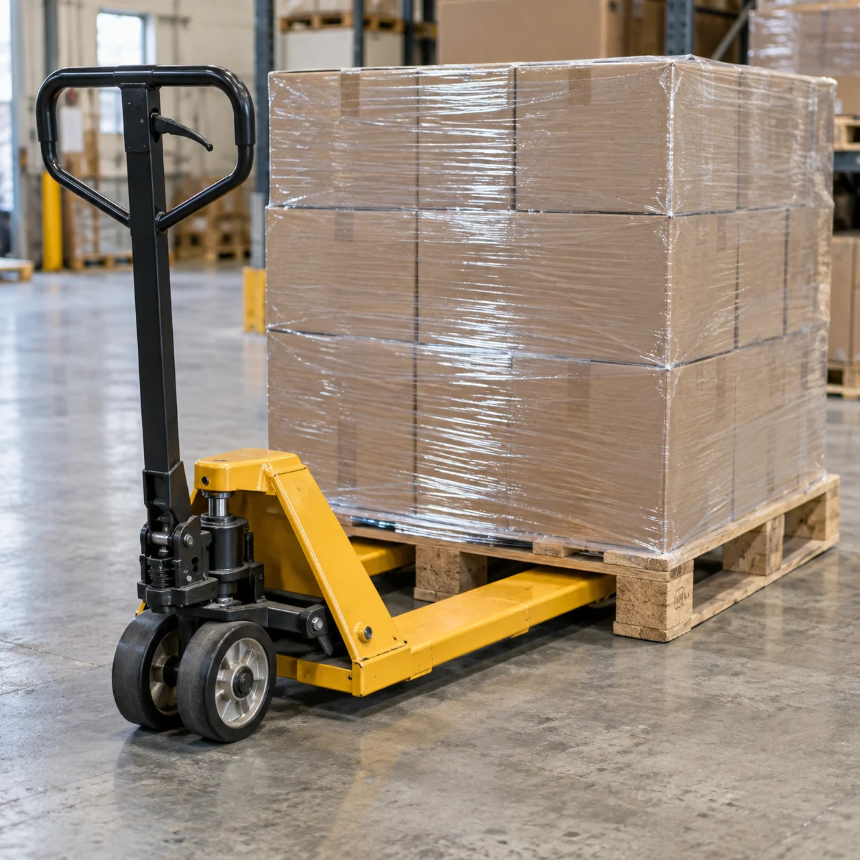 Illustrative pallet jack positioned beneath wrapped cartons